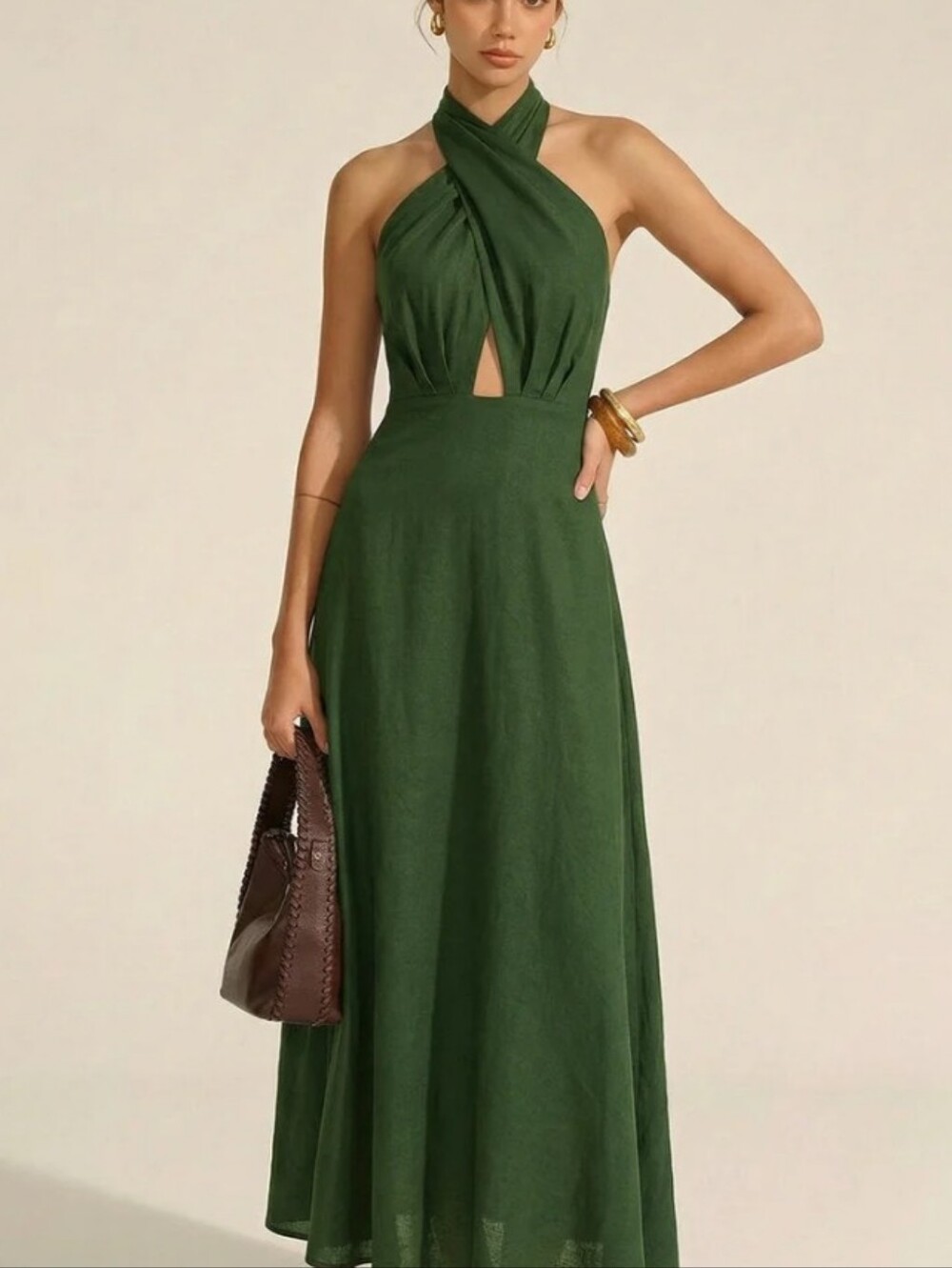 Commense Olive Green Halter Cut-Out Maxi Dress